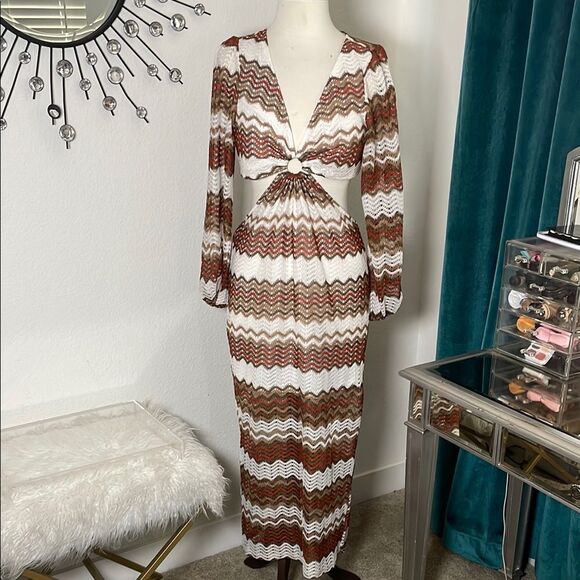 SHEIN CURVE Elegant Brown and White Chevron Maxi Dress | size 1XL | NWOT - Picture 2 of 9